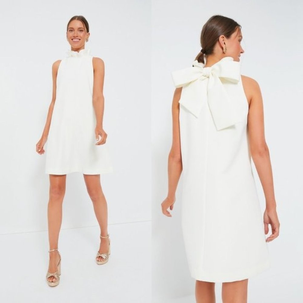 Tuckernuck Ivory Blythe Bow Ruffle Sleeveless Preppy Mini Dress Size L - Picture 2 of 12
